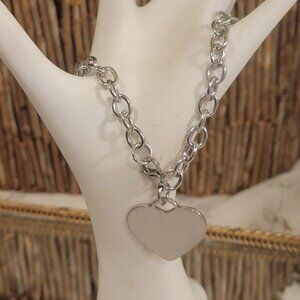 Bracelet Silver Stainless Steel Chunky Link With Heart Charm